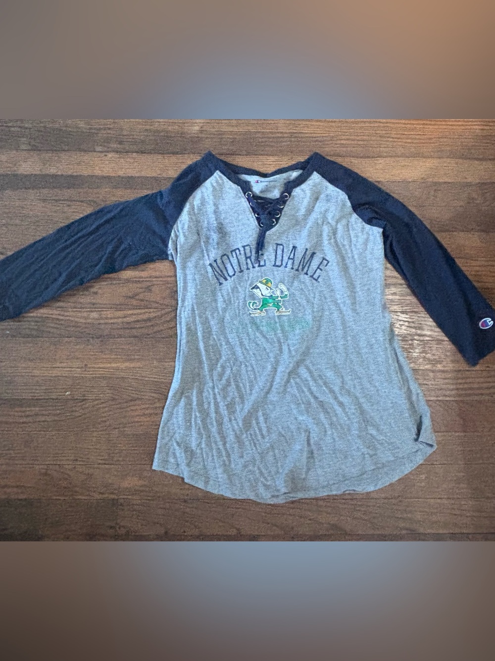 Champion Gray & Navy Notre Dame Lace-Up Raglan Long Sleeve Tee